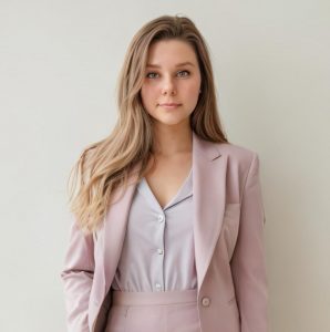 Portrait von Vali, der virtuellen Assistentin hinter „Virtuelle Heldin“, mit freundlichem Lächeln vor hellem Hintergrund